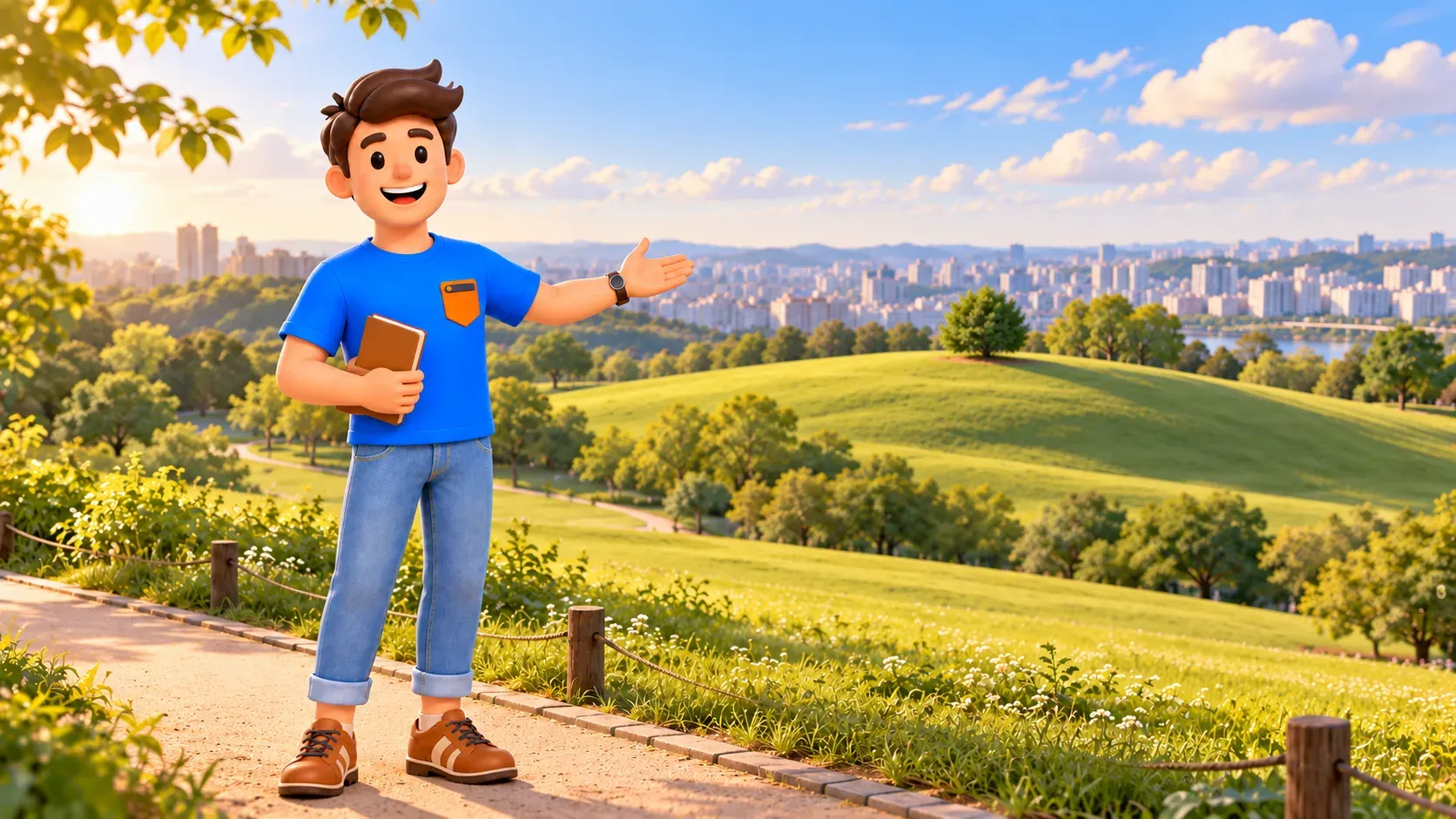 Viajero con libro ante un paisaje abierto de parque
