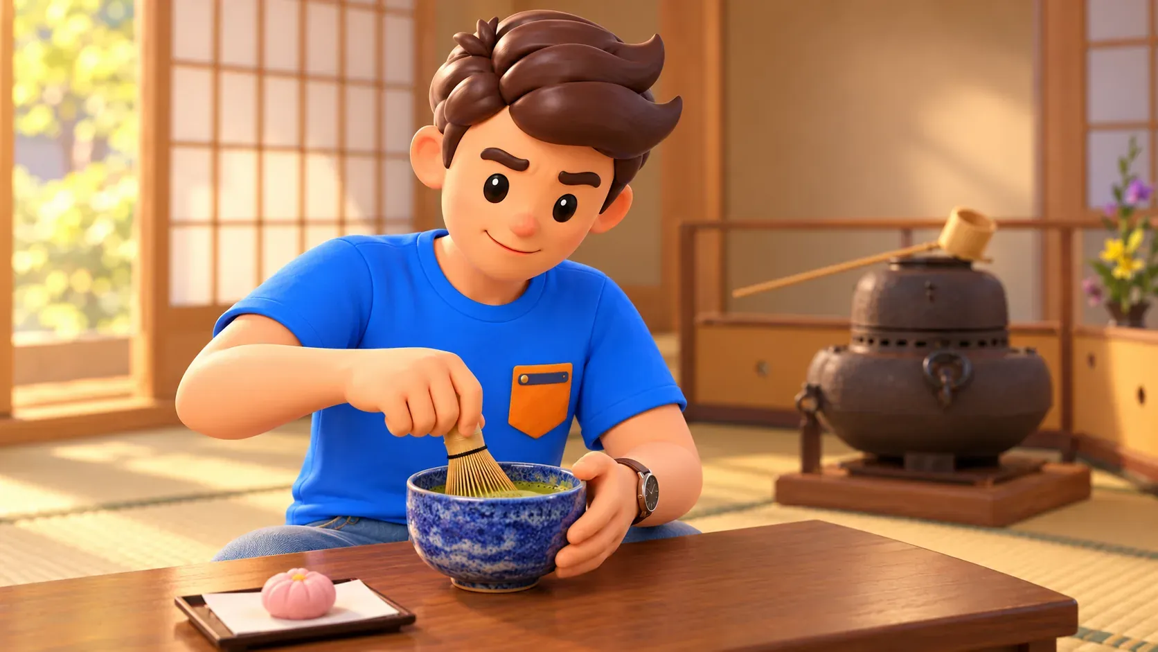 A traveller whisking matcha with a bamboo whisk in a blue tea bowl