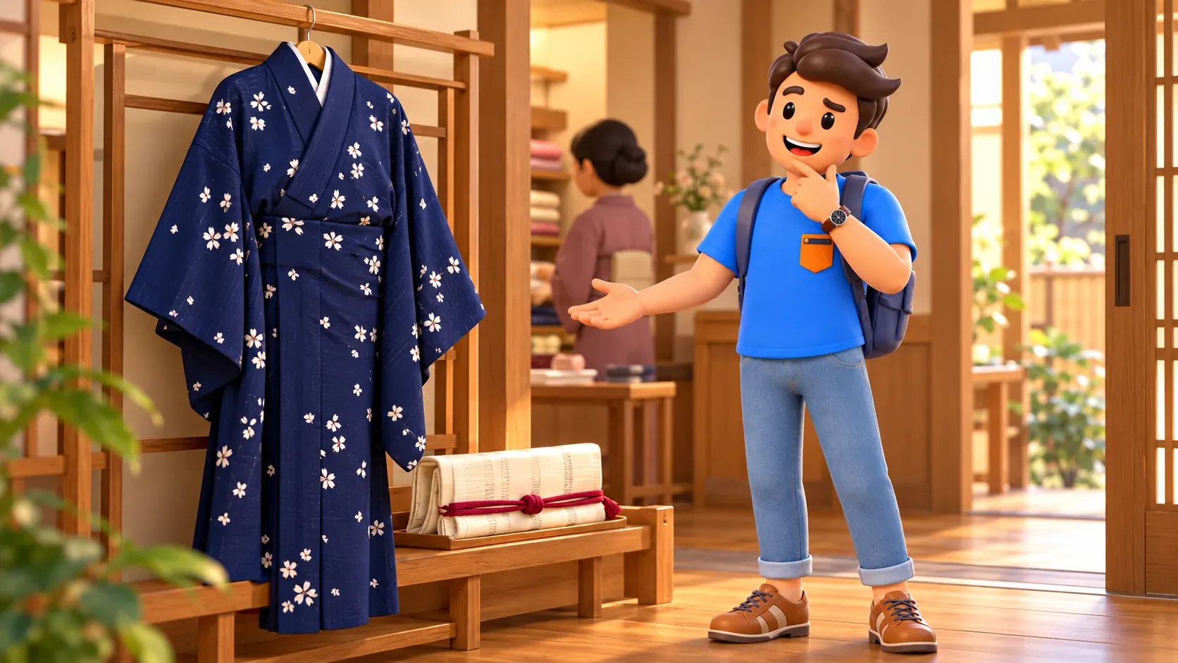 A traveller considering a floral kimono and folded obi