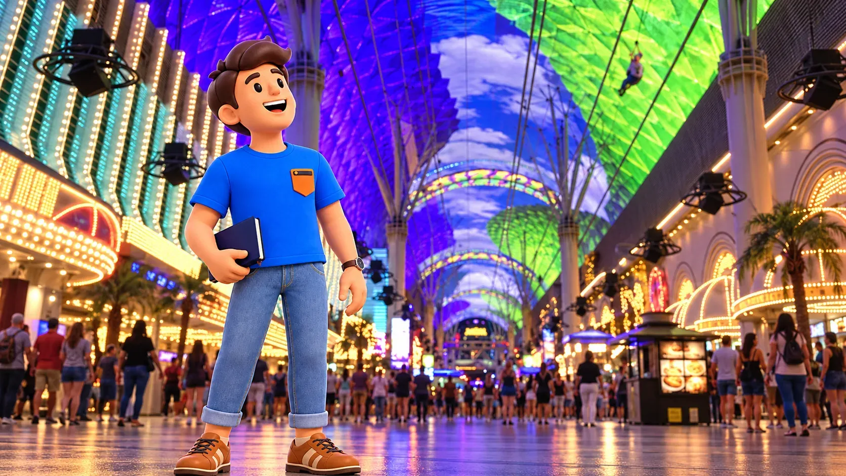 Художественная интерпретация SlotZilla над Fremont Street с персонажем внизу