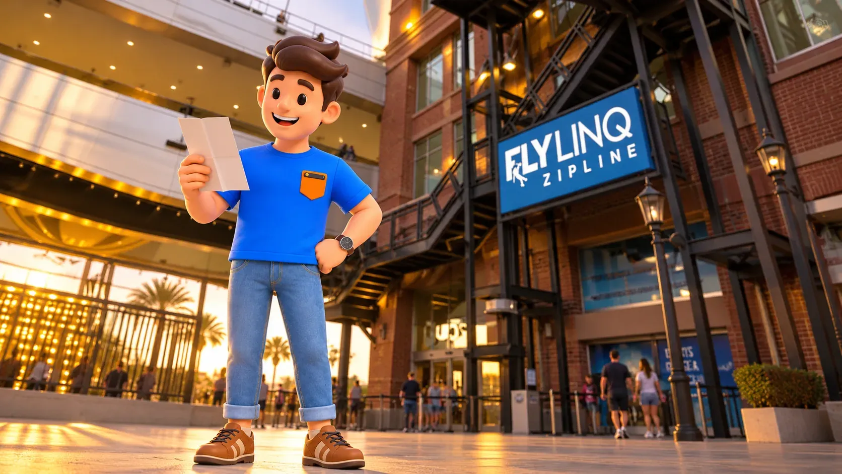 Иллюстрация персонажа у входа FLY LINQ с информационным листком