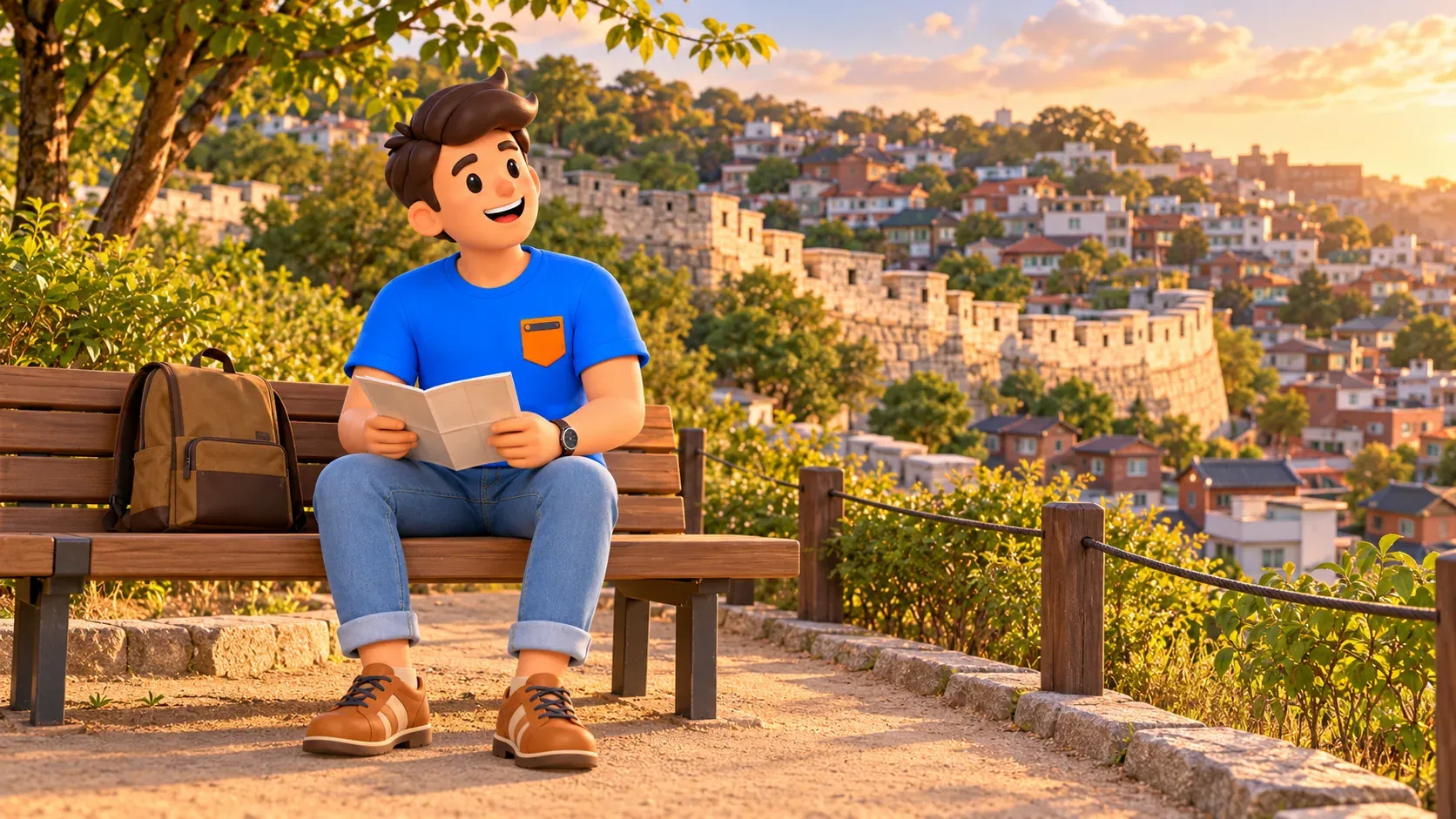 Traveller resting beside a stylised city wall view