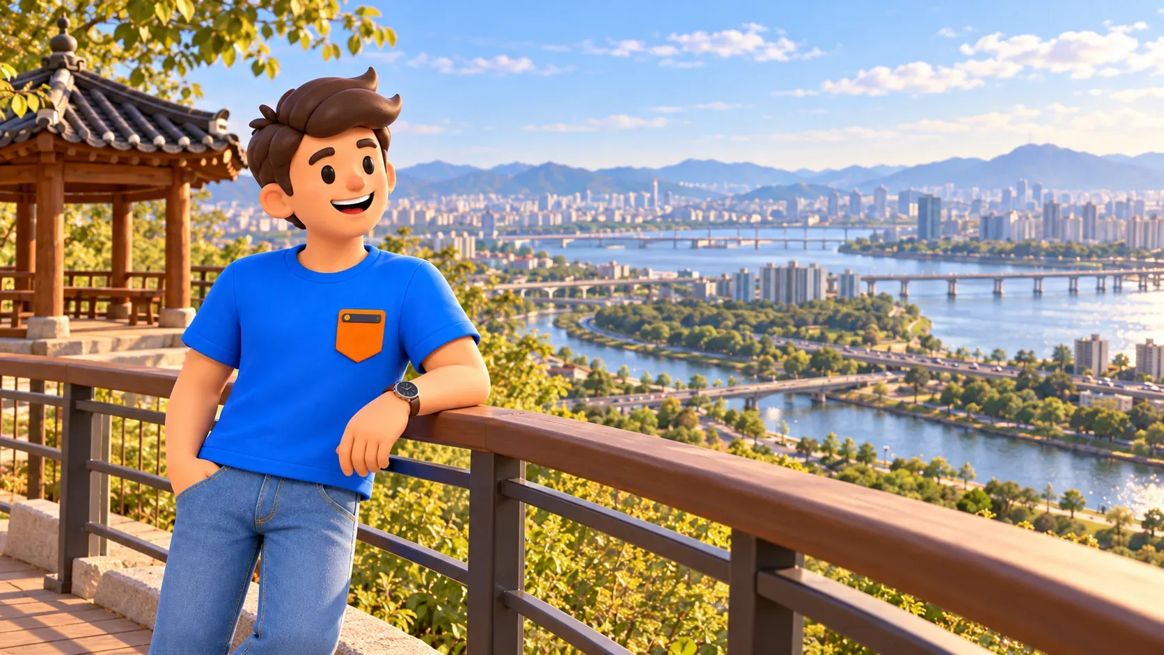 Traveller beside a railing overlooking river and city