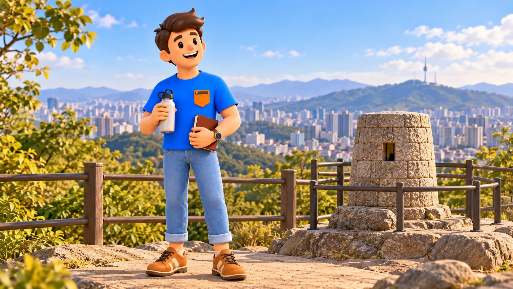 Traveller with a water bottle beside a stylised beacon post