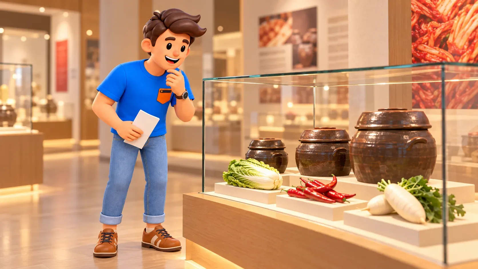 Traveller observing a stylised display of Korean vessels and vegetable models