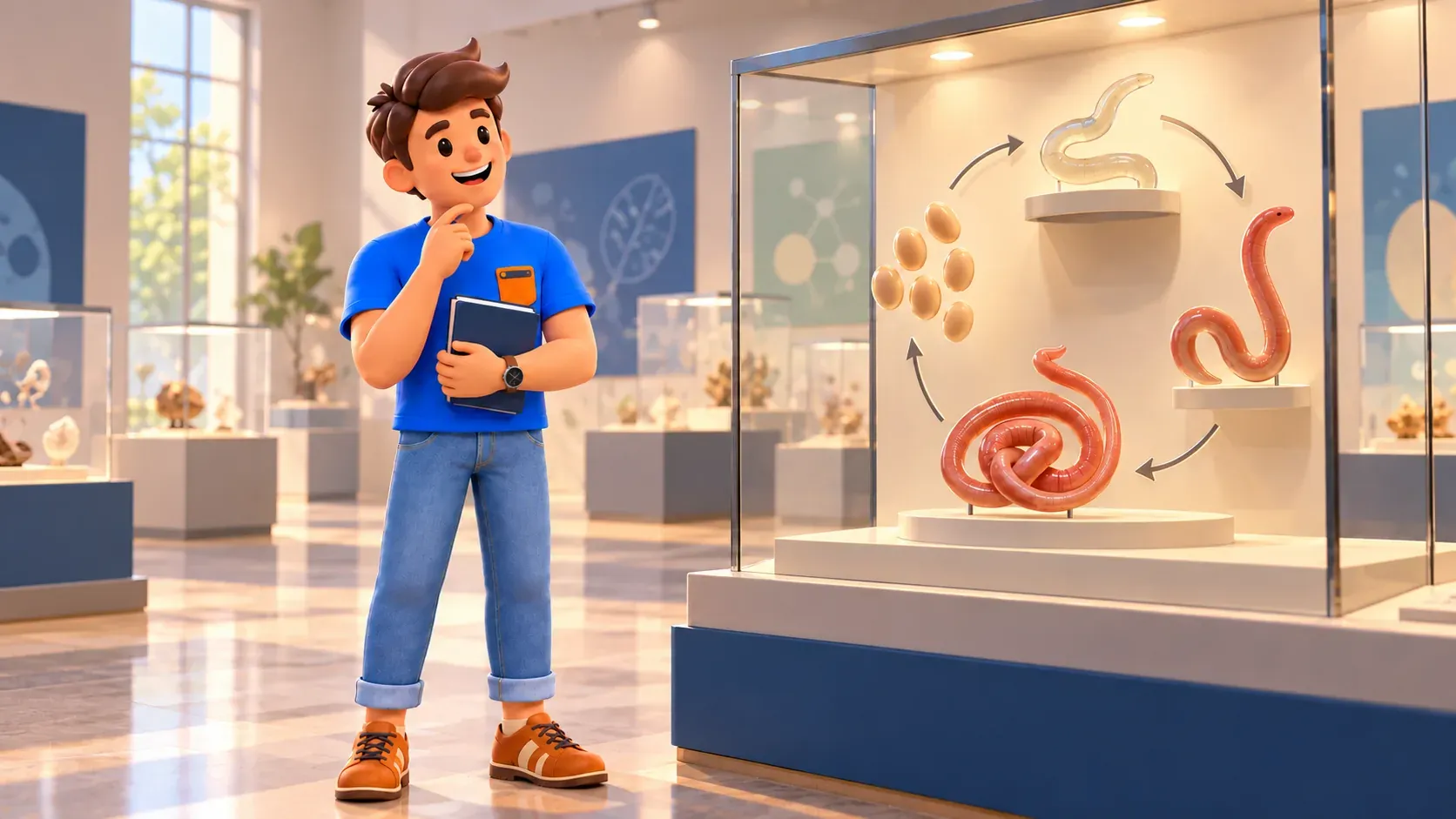 Traveller beside an imagined science display with enlarged organism models