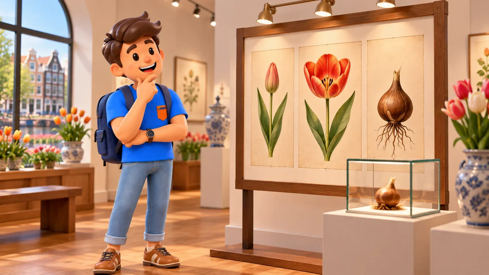 Thematic illustration of an imagined botanical exhibition with a traveller comparing original pictures of a bud, flower and bulb