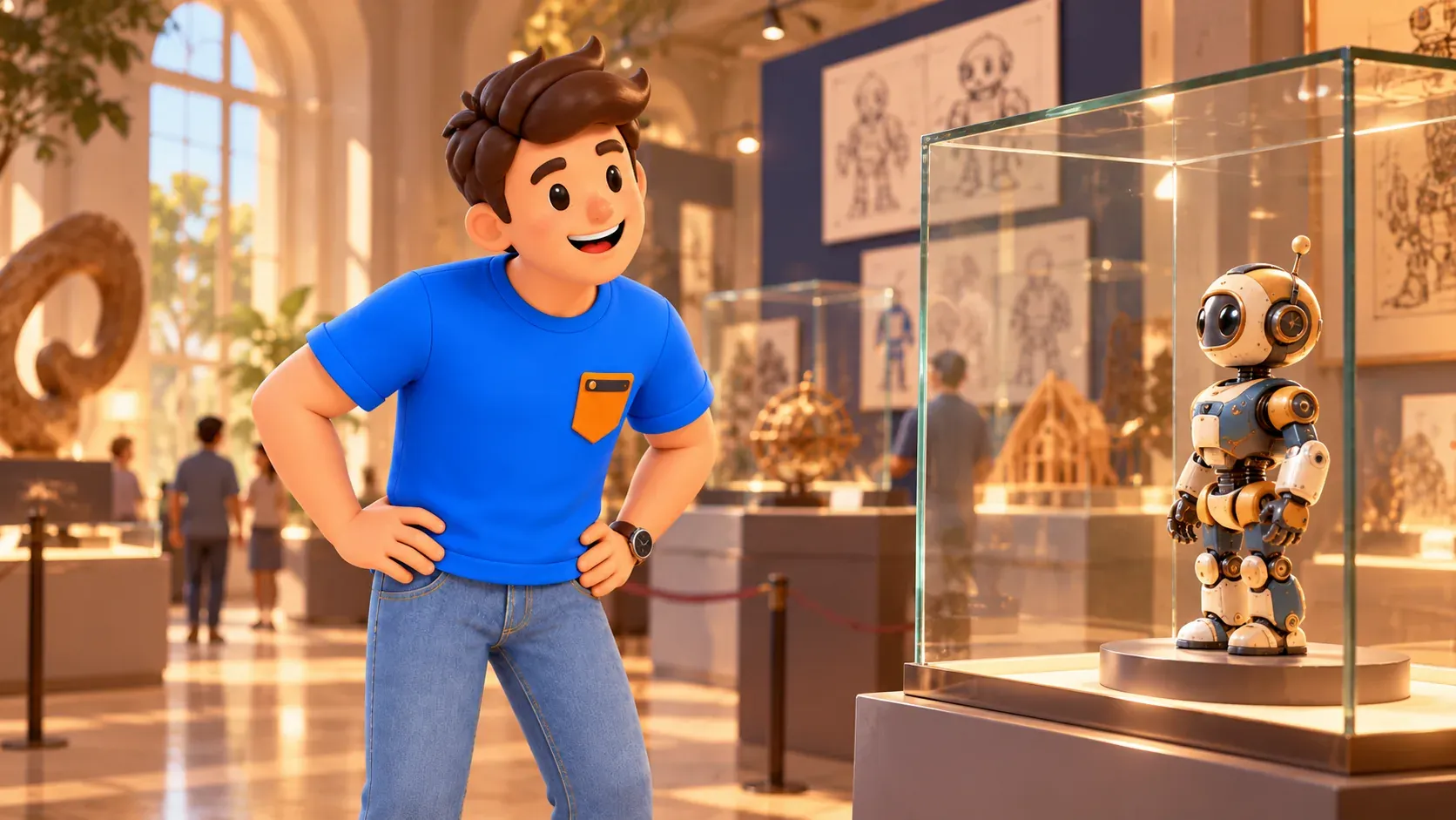 Traveller observing an imagined collectible robot figure behind glass