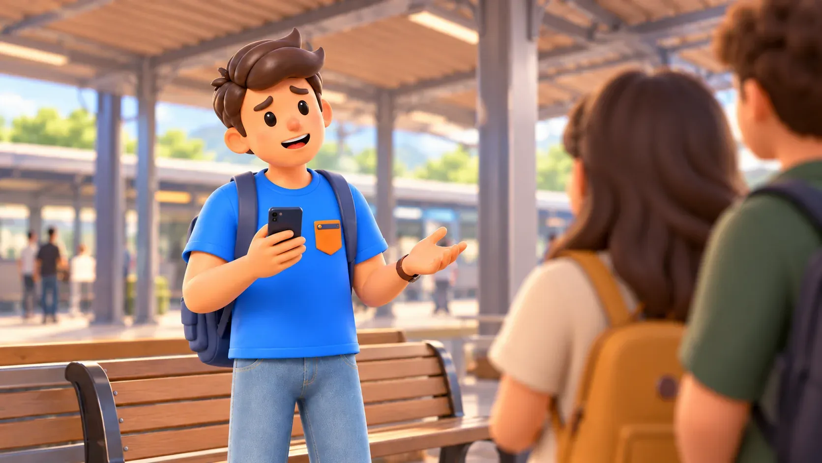 A traveller discussing transit payment with companions
