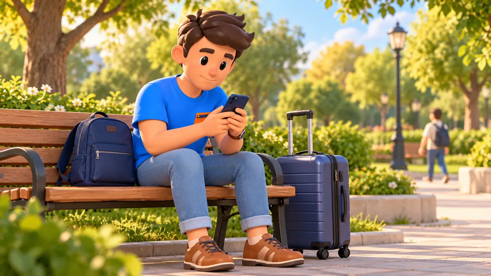 A traveller checking a phone after a journey with luggage beside a bench