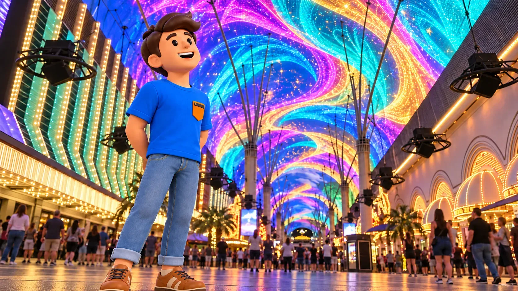 Artistic interpretation of looking up at the Viva Vision LED canopy