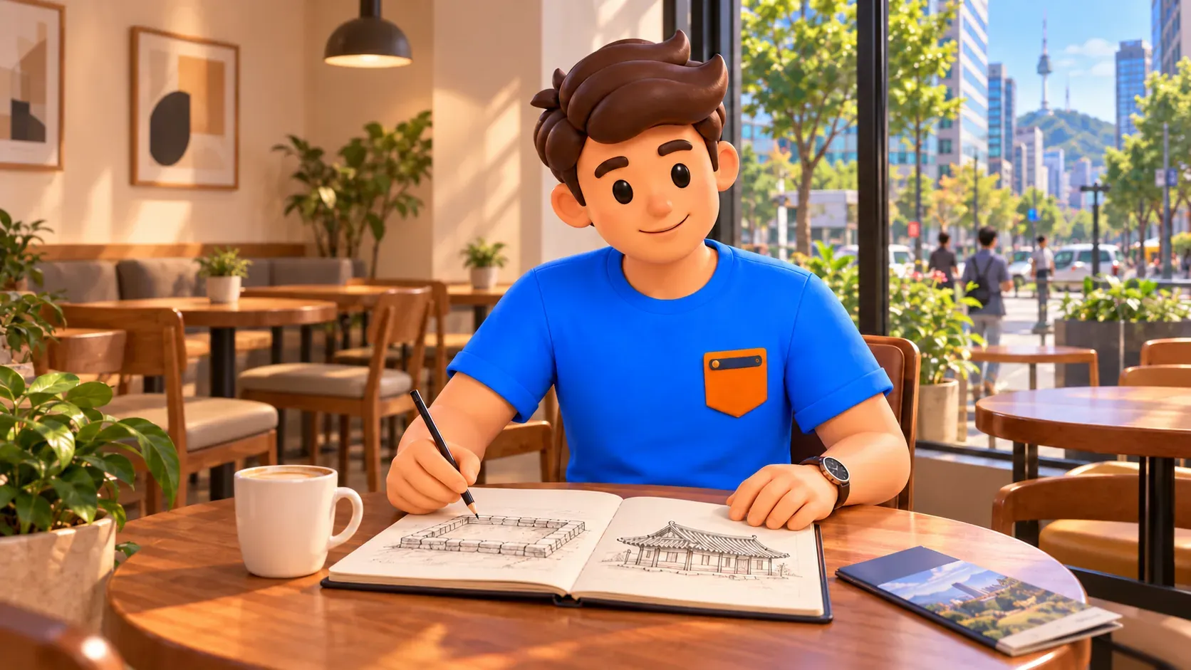 Voyageur comparant ses croquis de fondation et de maison dans un café urbain