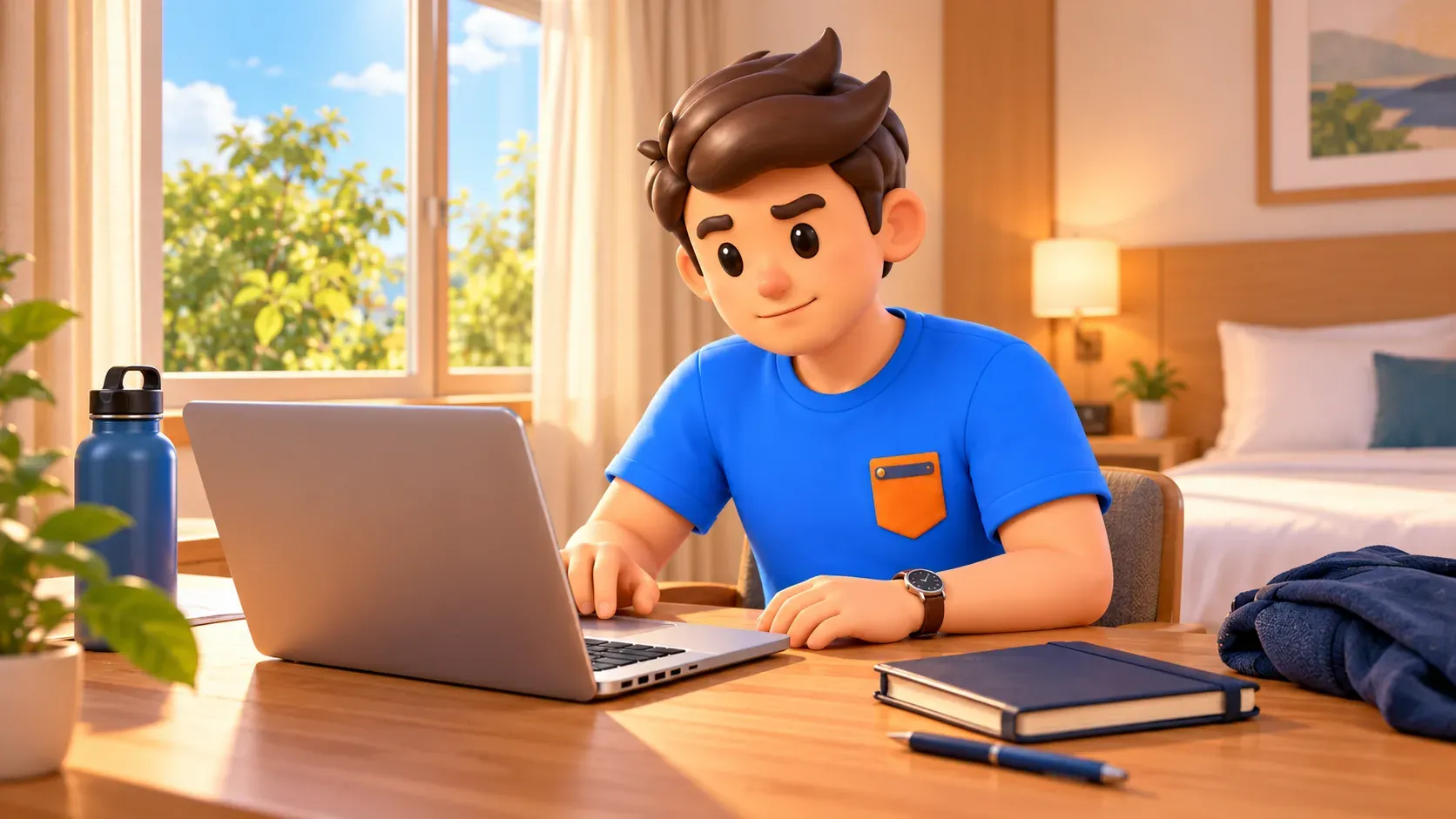 A traveller reading booking conditions on a laptop