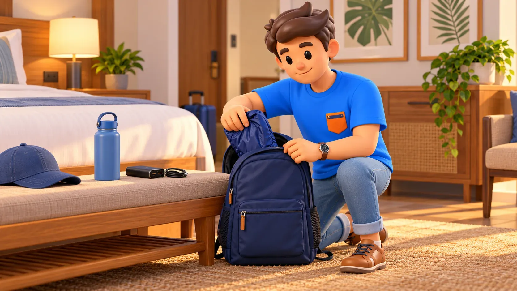 A traveller packing a light day bag for a park visit
