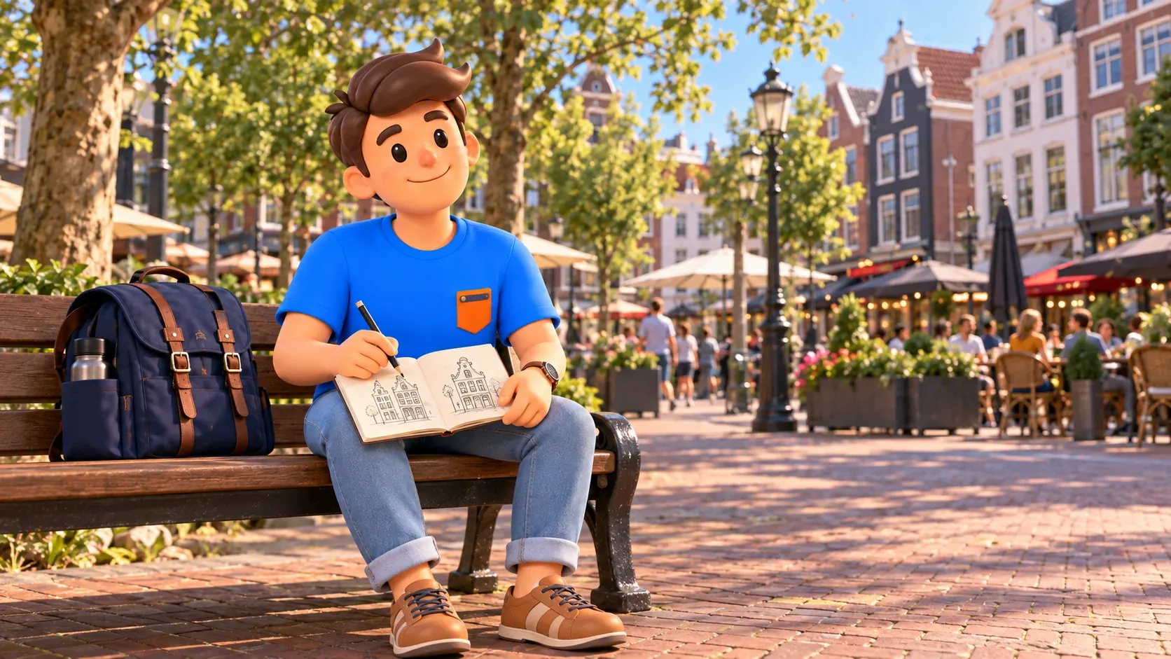 Thematic illustration inspired by Rembrandtplein with a traveller drawing personal facade sketches on a bench