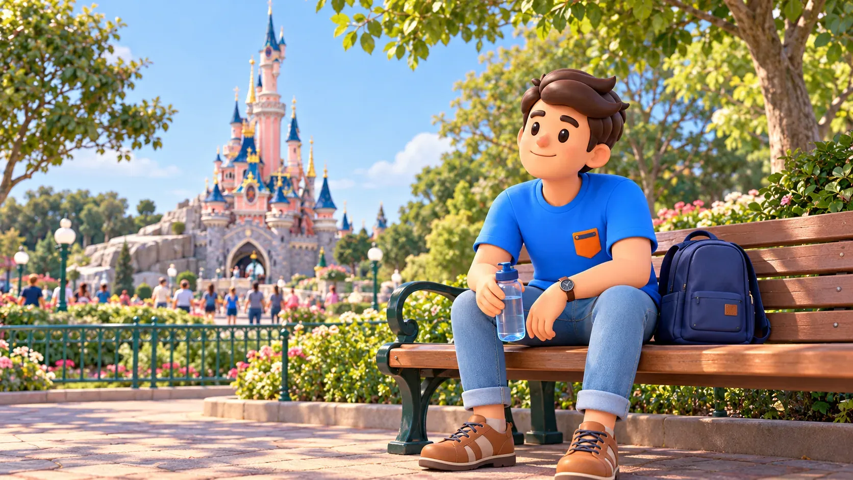 A traveller resting with water on a bench with the castle in the background