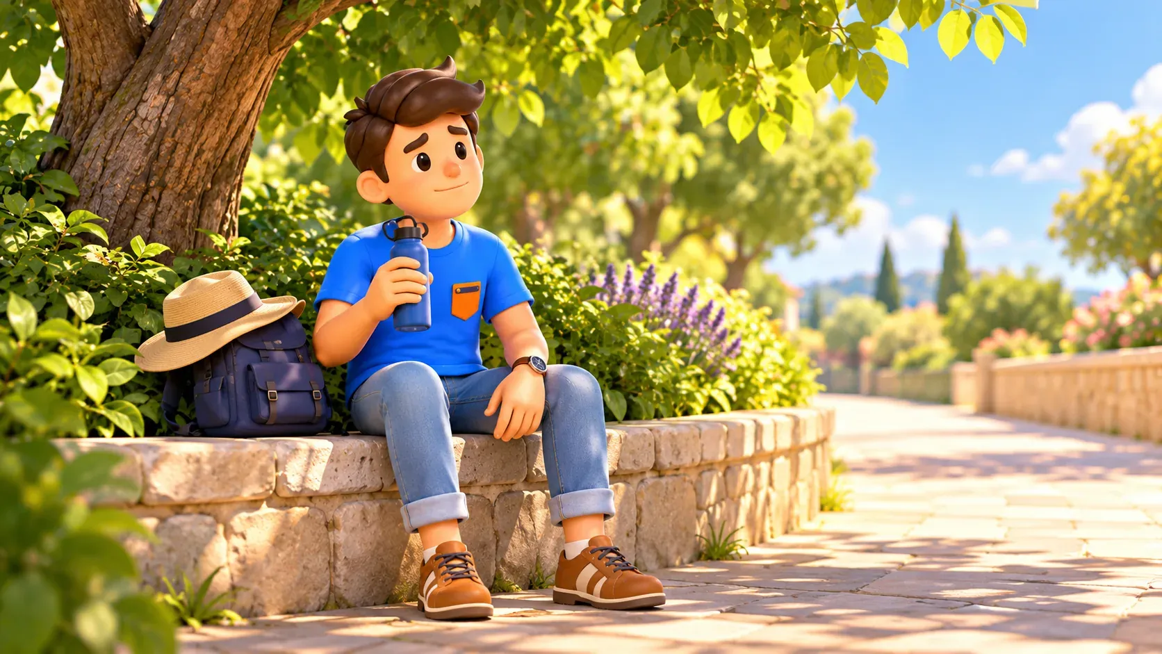 Un viajero descansa con agua a la sombra de un árbol