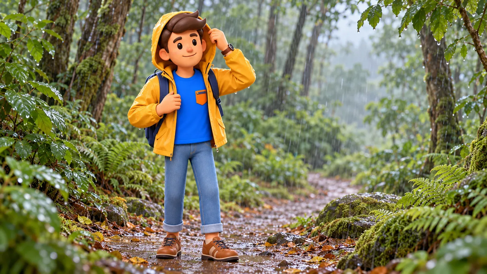 Un viajero se pone una chaqueta de lluvia en un camino forestal
