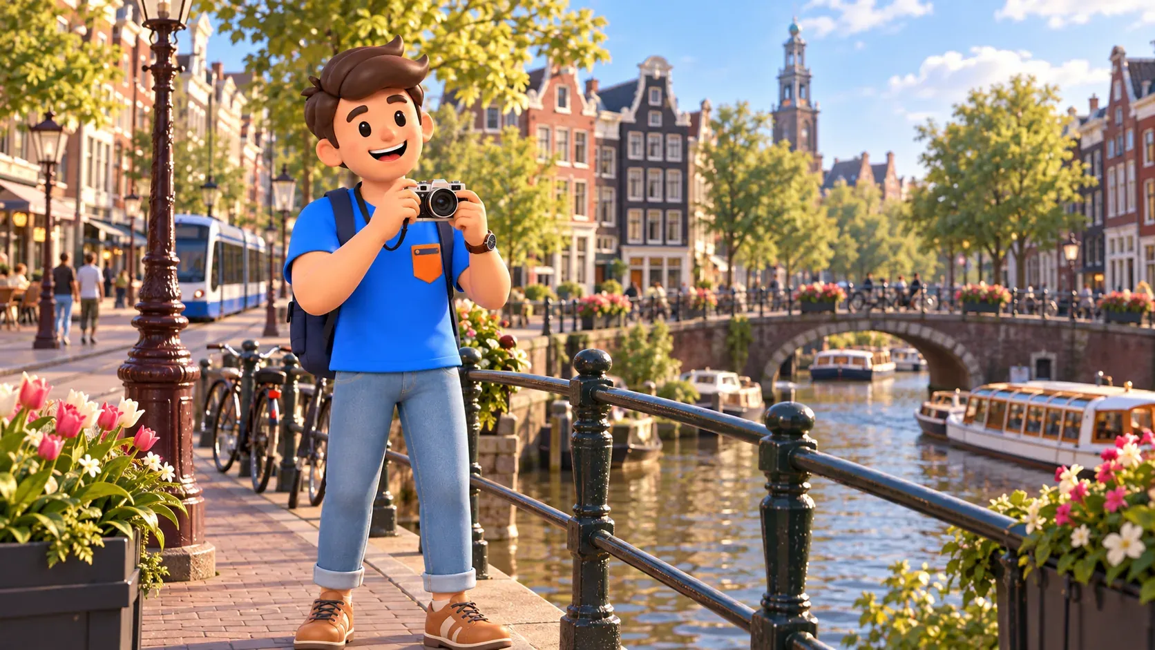 Thematic illustration of a canal connection with a traveller holding a camera clear of traffic and a tram in the distance