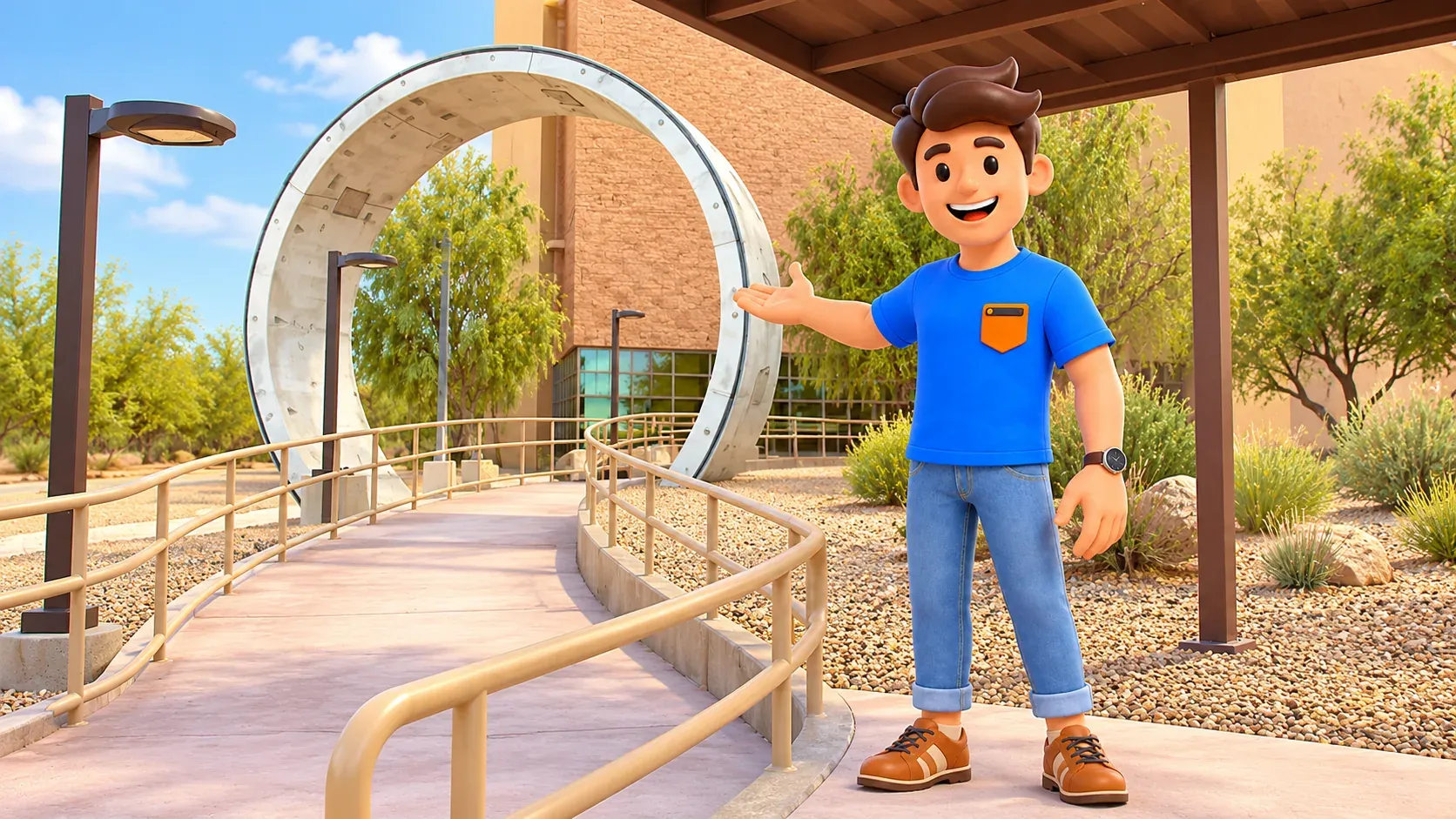 Mascot by the circular WaterWorks entrance, artistic illustration