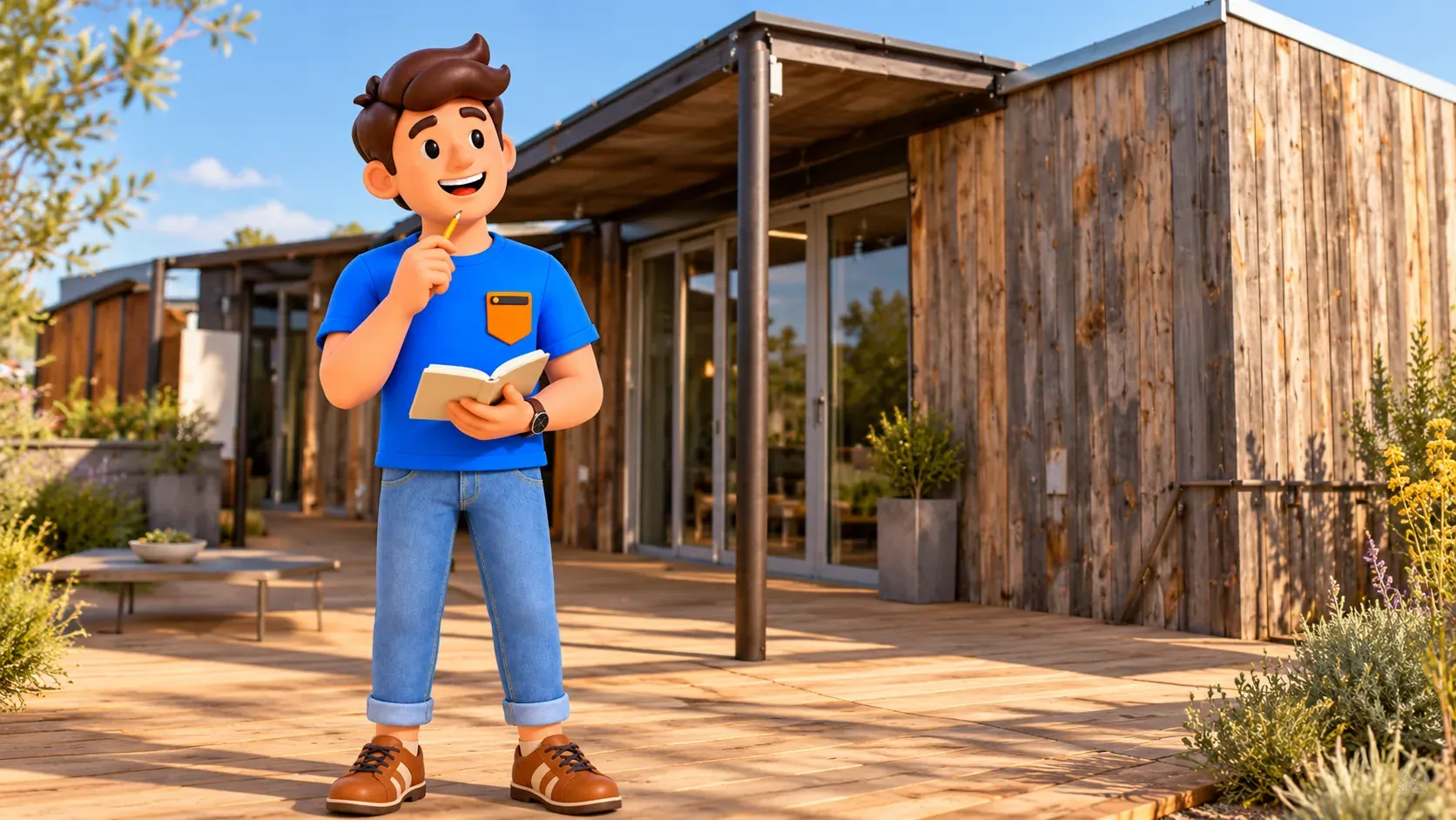 Mascot outside the DesertSol model house, artistic illustration