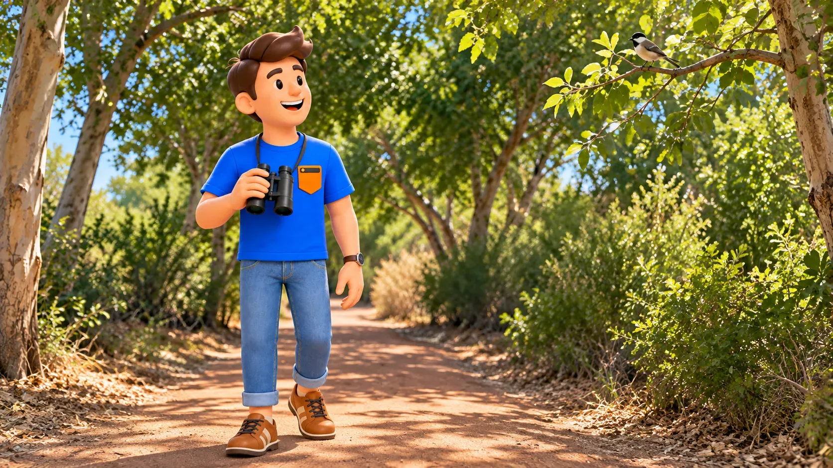 Birdwatching on a Wetlands Park trail, artistic illustration