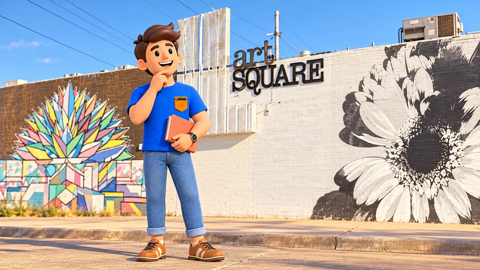 Figur vor den Wandbildern am Art Square, Illustration