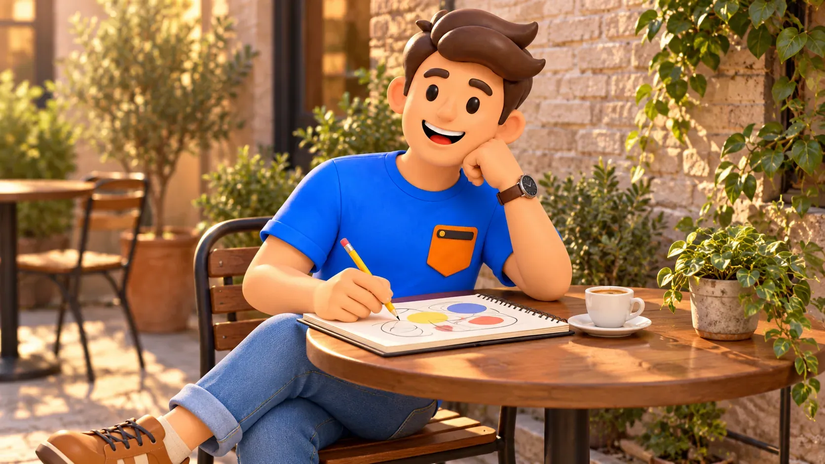 Figur beim Zeichnen auf einer konzeptionellen Caféterrasse