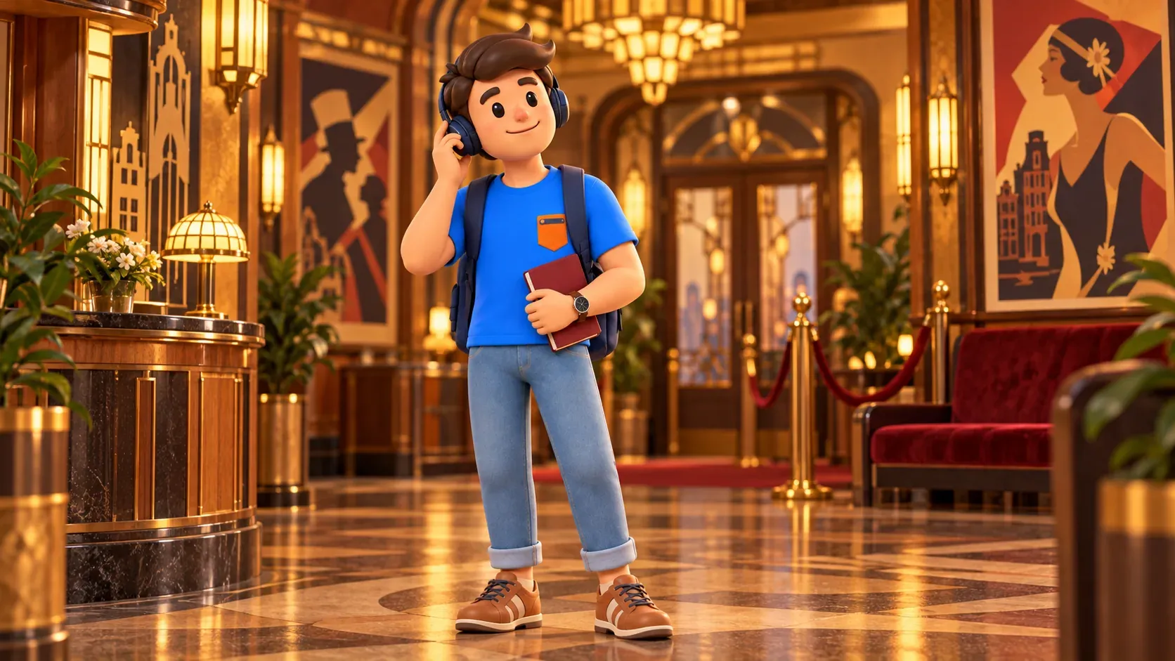 Ilustración temática de una audioguía en un vestíbulo de cine imaginario con un viajero escuchando con auriculares