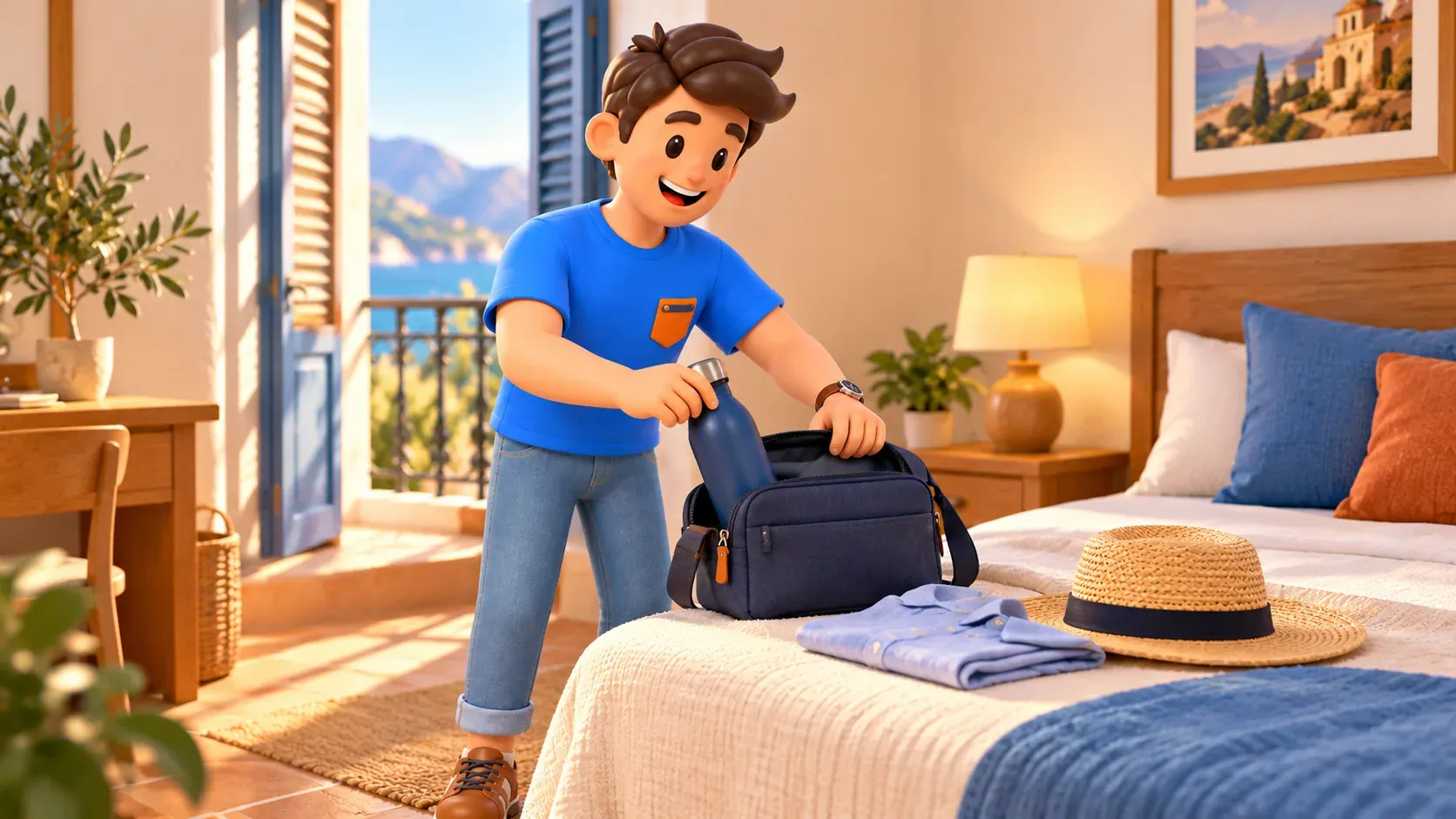 Préparation d'un petit sac avec eau et chapeau