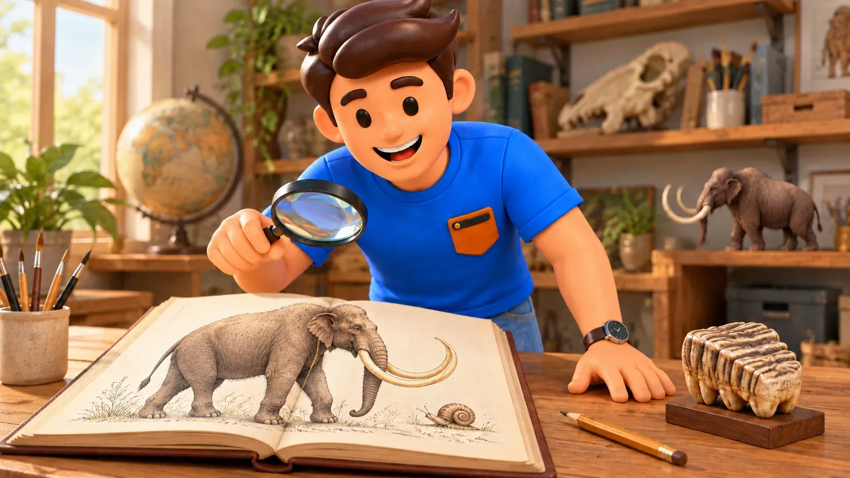 Scène pédagogique conceptuelle avec dessin de mammouth et modèle de dent