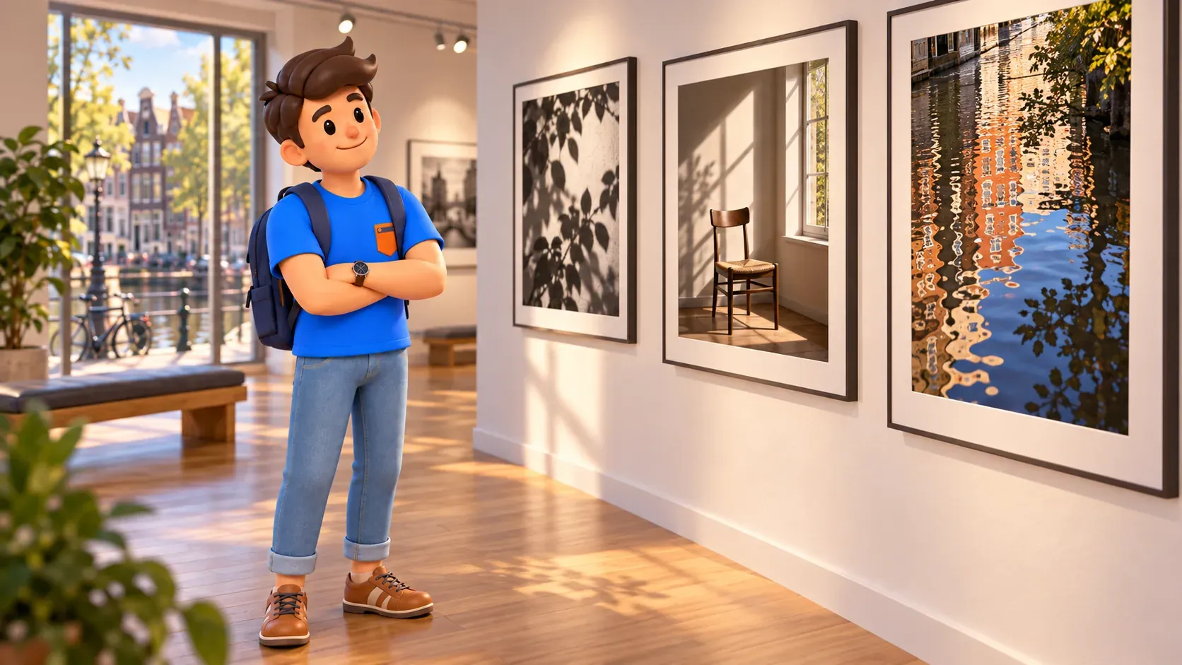 Ilustración temática de una exposición fotográfica imaginaria con imágenes originales ficticias de sombras, silla y reflejo del canal