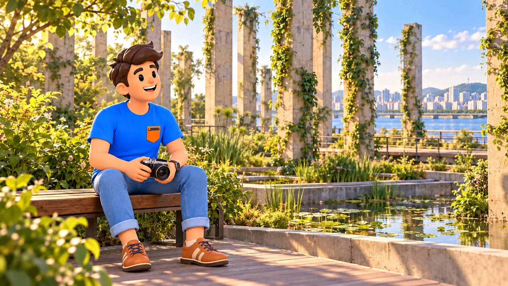 Voyageur près de colonnes conservées et d’un jardin d’ancienne usine d’eau
