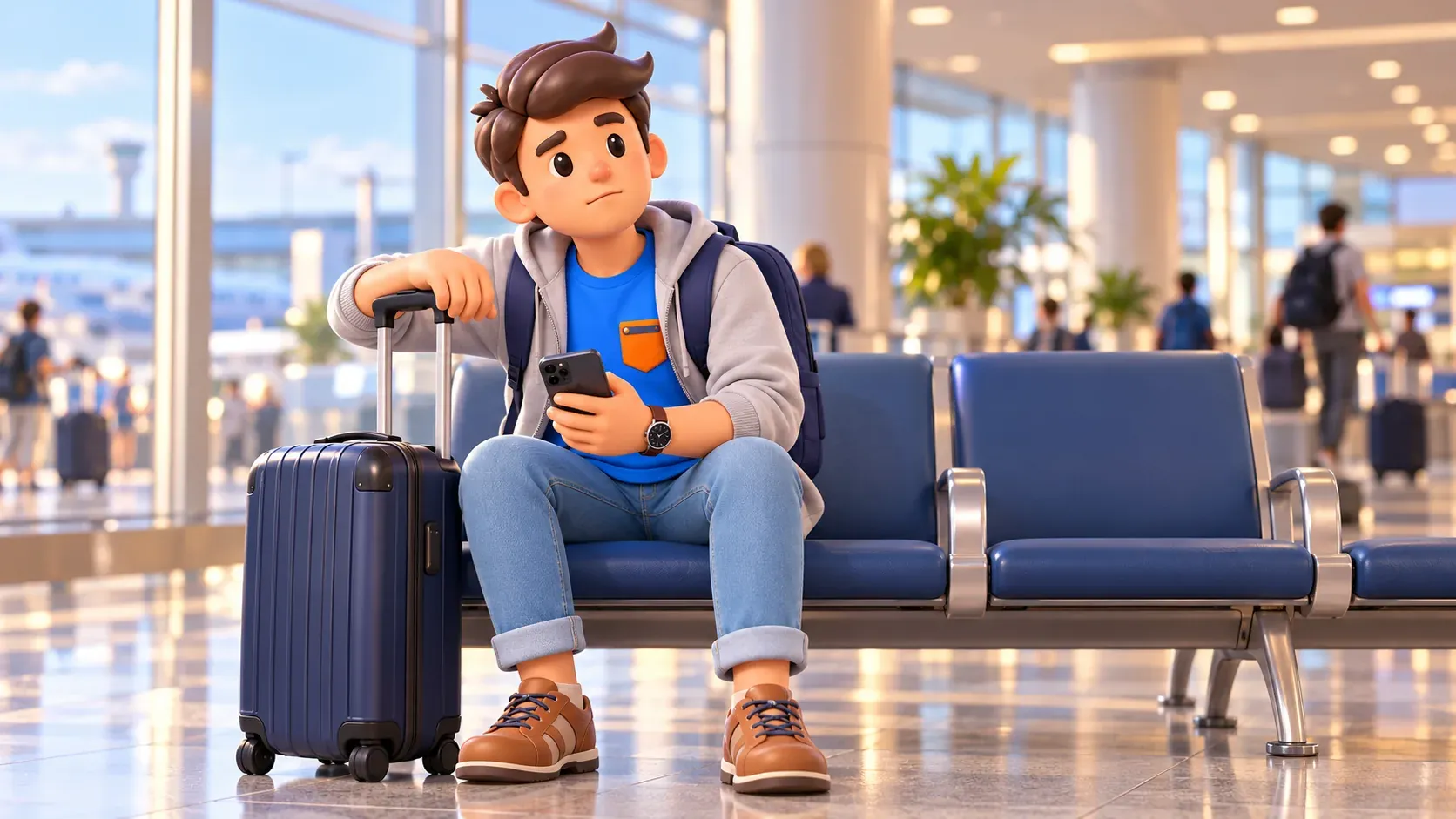 Voyageur consultant son téléphone avec sa valise dans une zone d'attente