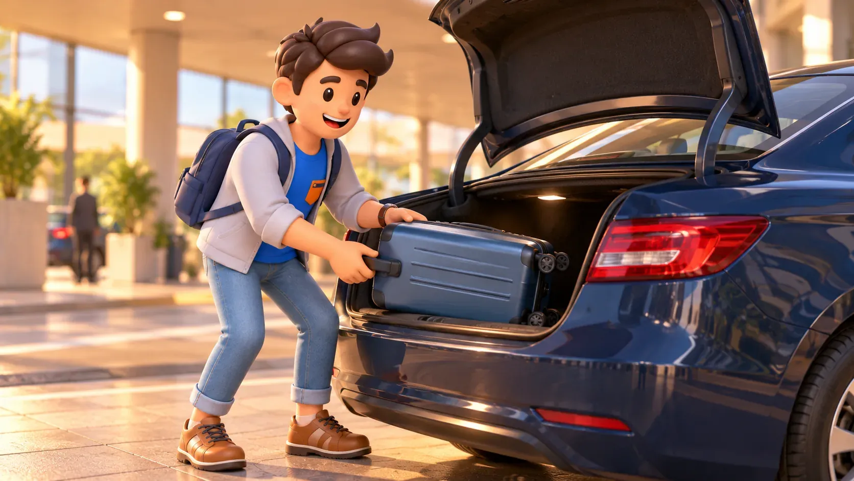 Voyageur plaçant une valise dans le coffre d'une voiture