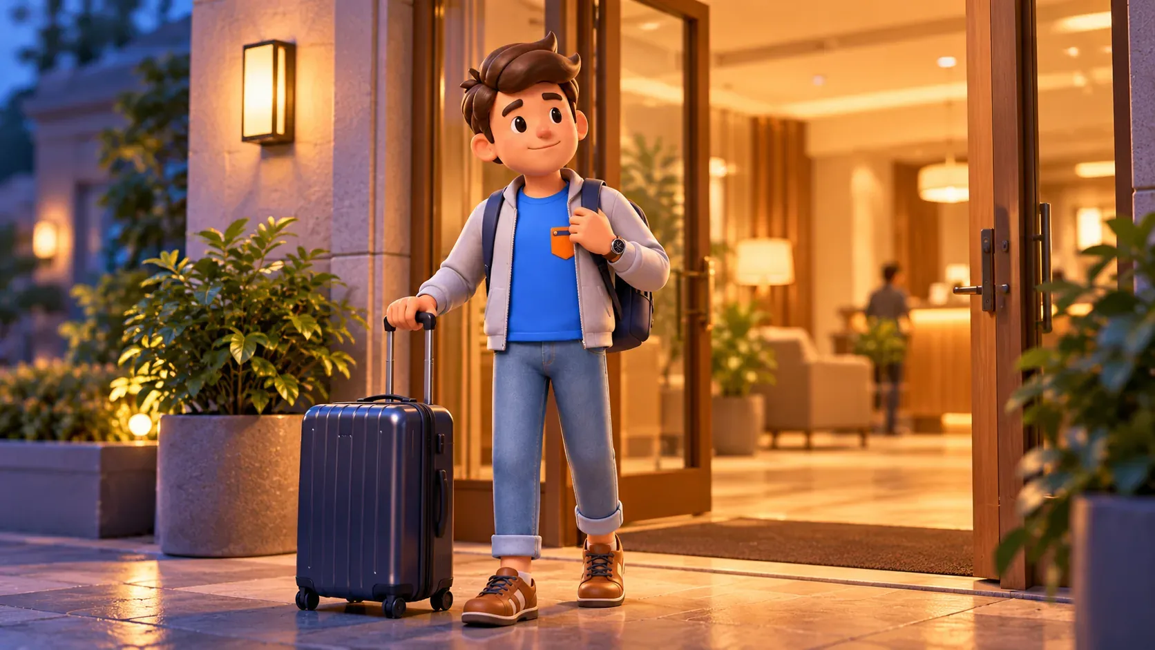 Arrivée du soir avec valise devant l'entrée éclairée d'un hôtel