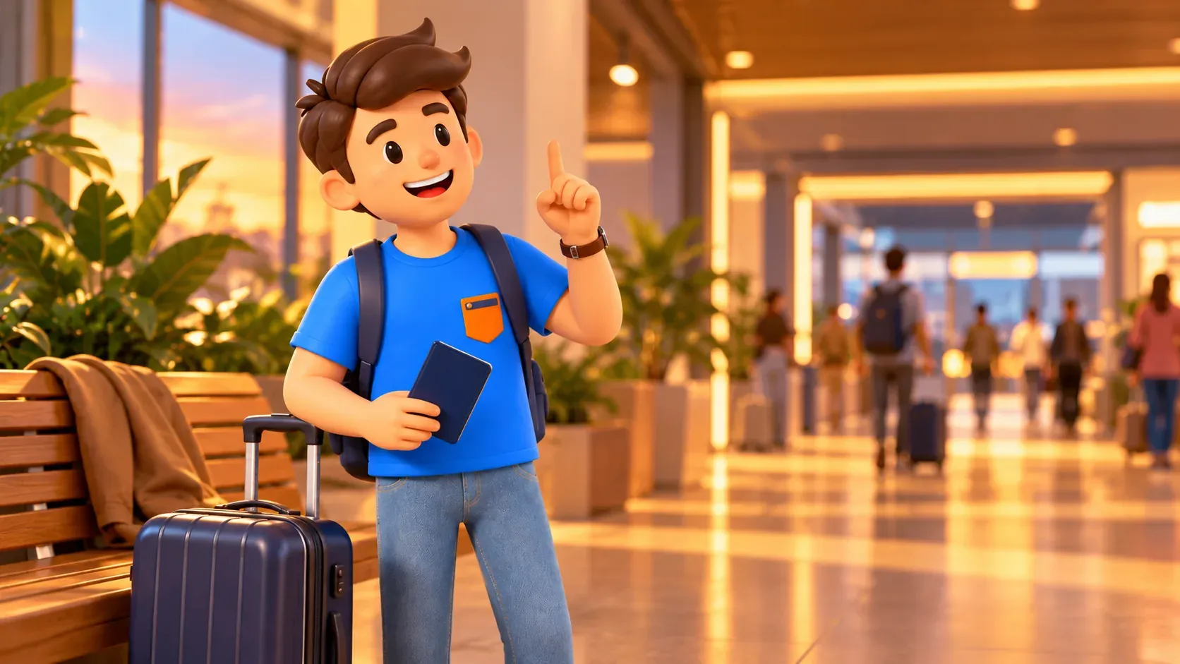 Voyageur avec pochette de voyage et valise