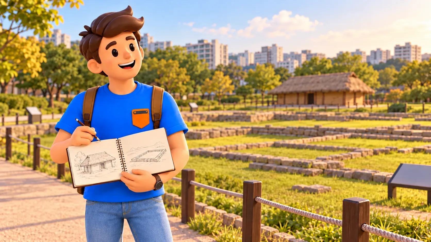 Traveller comparing his own sketches of a house and a marked foundation