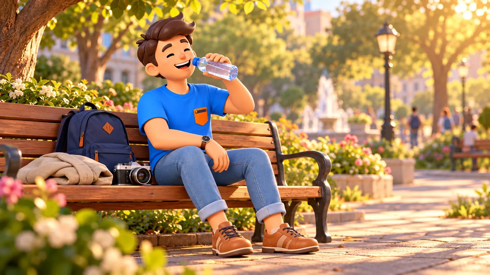 Wasserpause auf einer Parkbank zwischen Besuchen