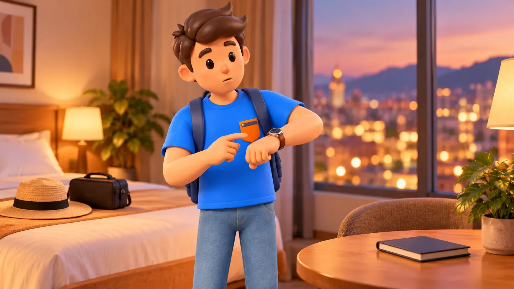 Viajero mirando el reloj por la tarde