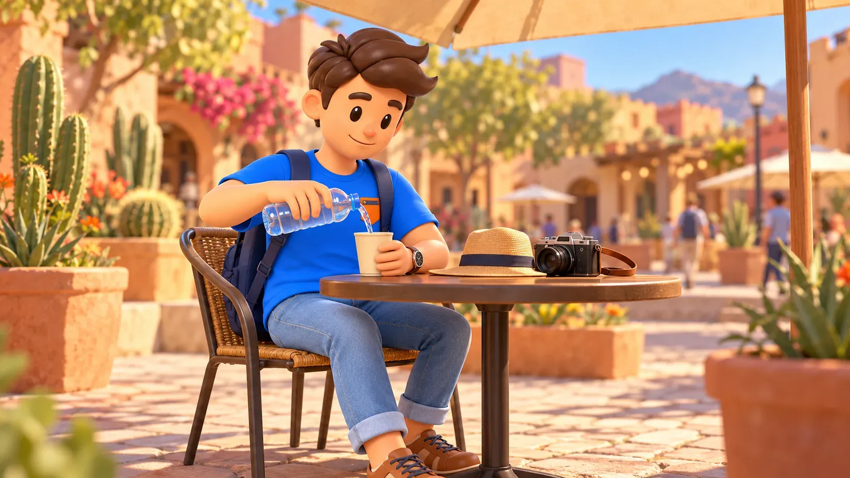 Pausa con agua a la sombra entre visitas