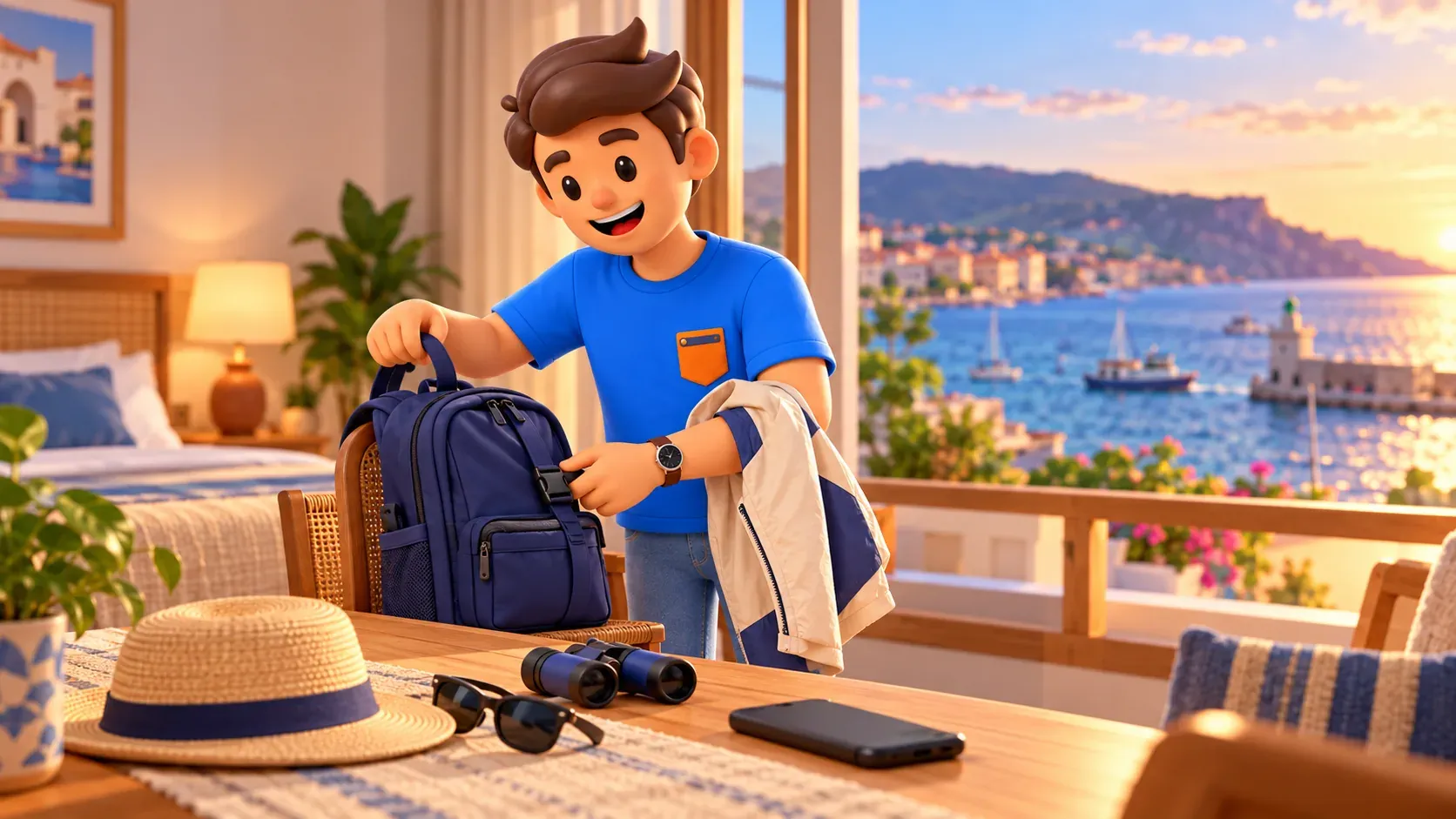 Voyageur préparant sac et coupe-vent avant une sortie sur la baie