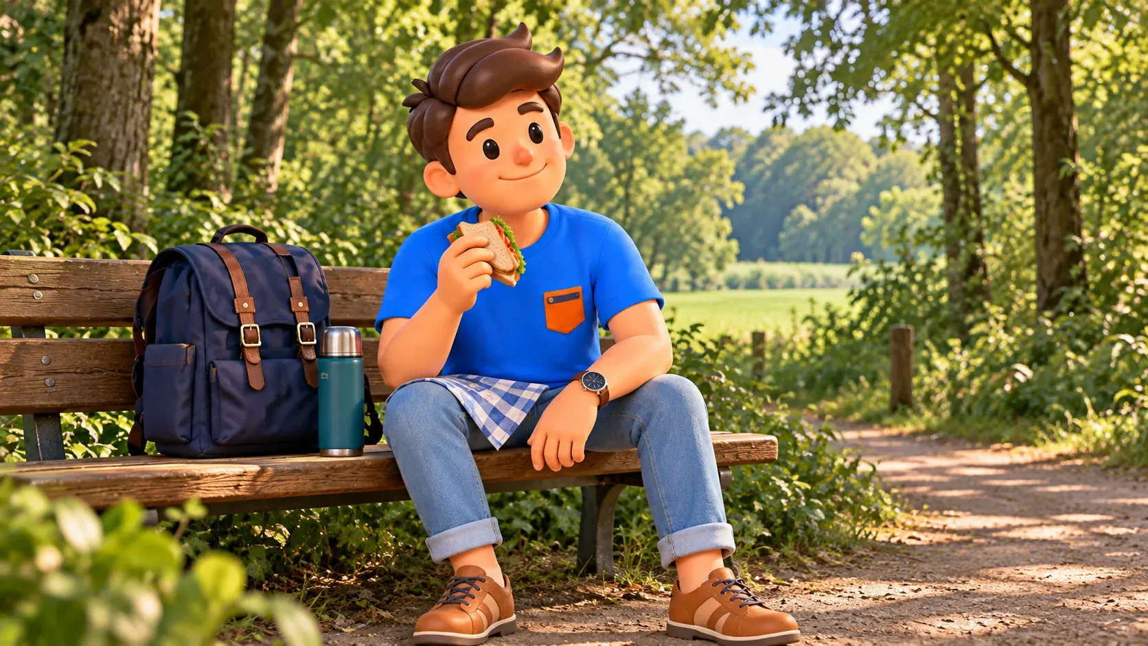 Illustration thématique d’une courte pause avec un voyageur assis sur un banc, une collation, un thermos et son sac à côté