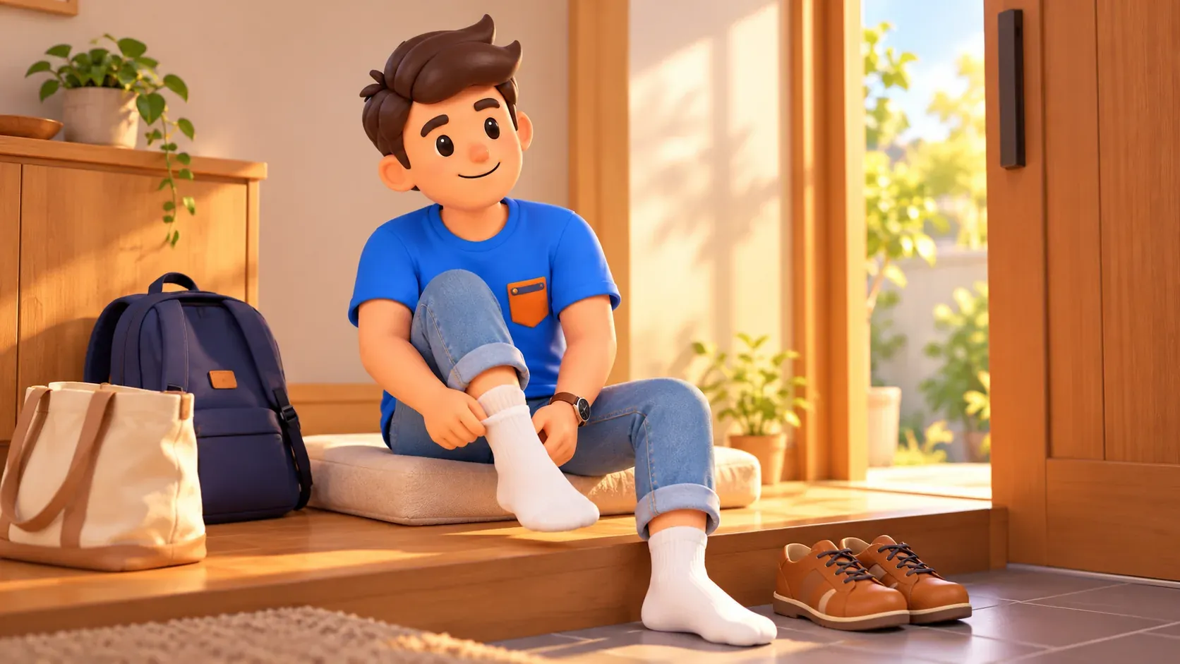 Voyageur mettant des chaussettes propres avant une sortie matinale