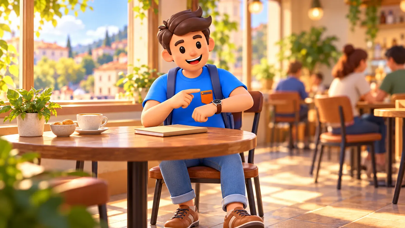 Voyageur regardant l'heure à une table de café