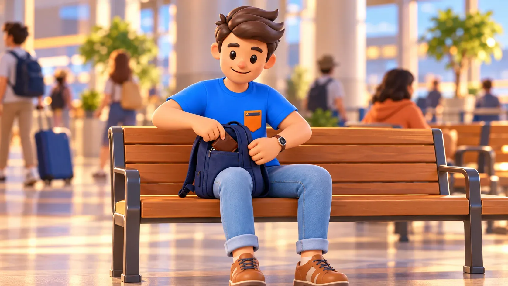 Viajero guardando la cartera en la mochila