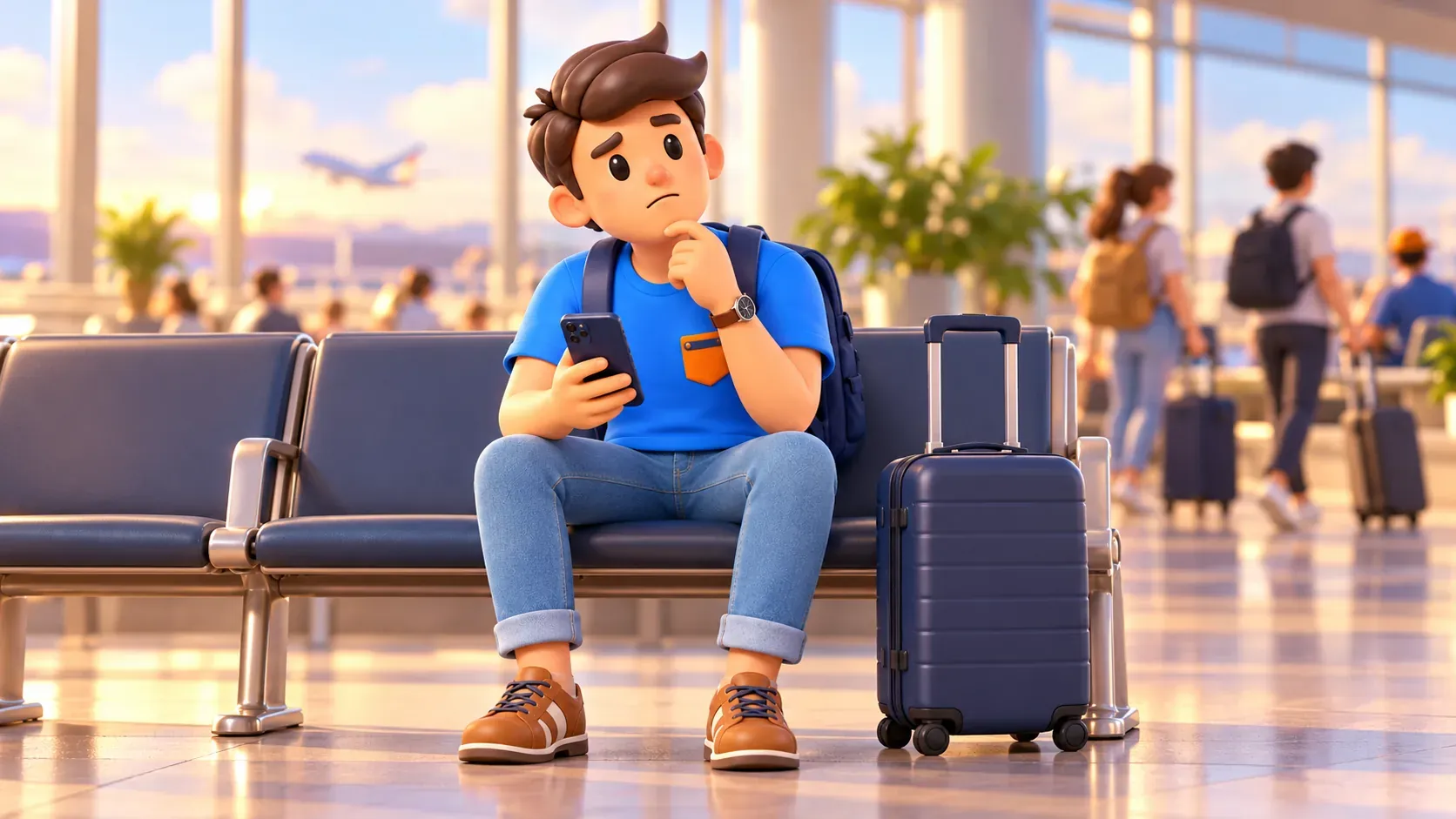 Viajero consultando el móvil tras aterrizar