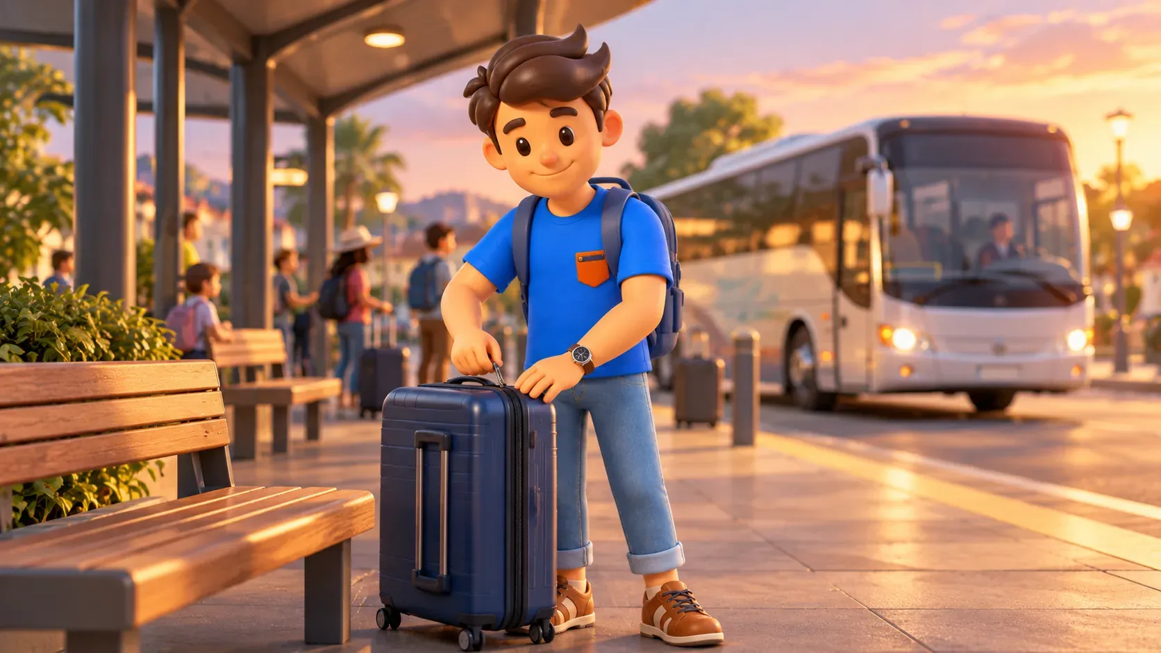 Viajero preparando equipaje antes de subir al autobús