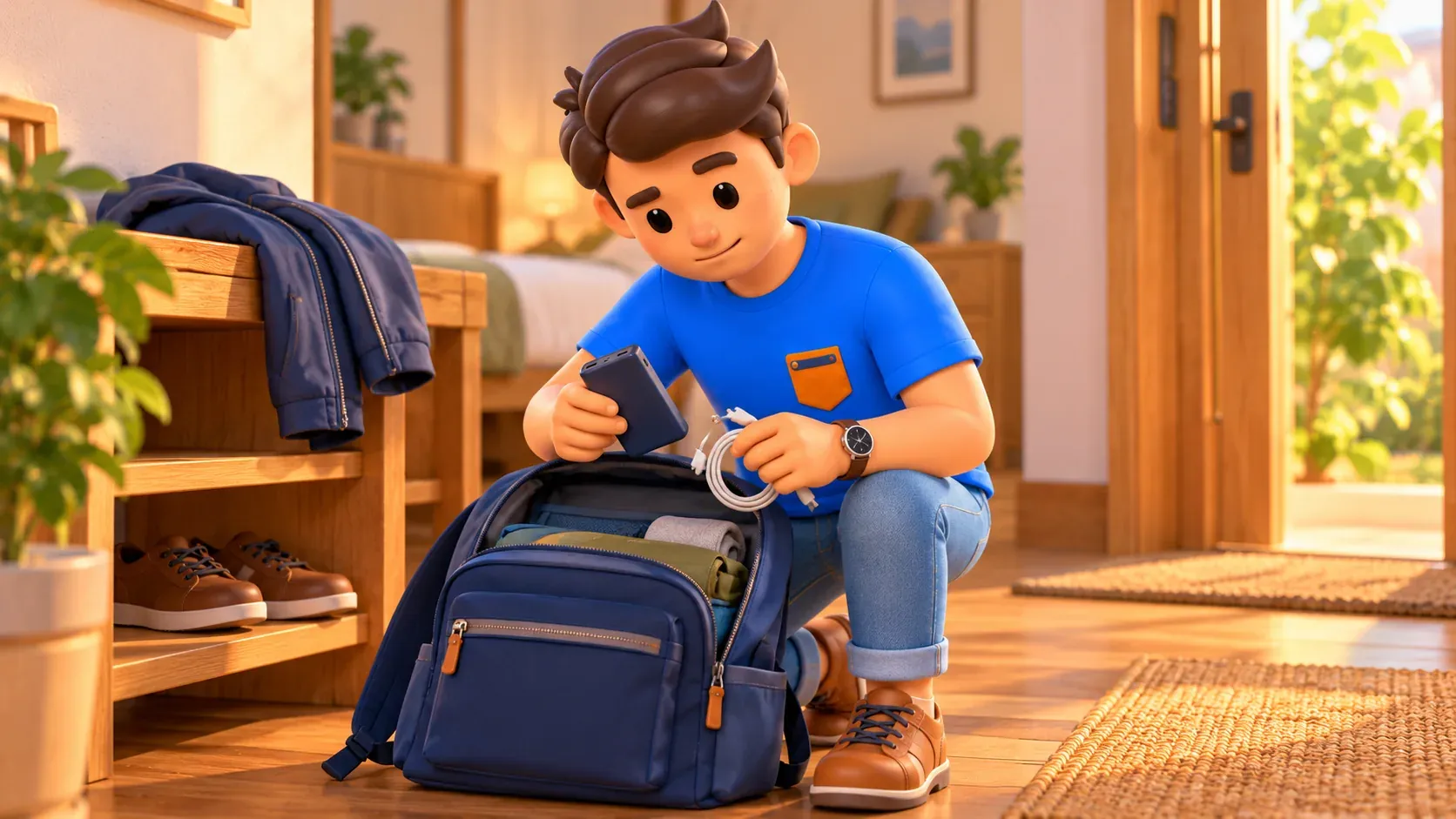 Viajero guardando el cargador antes de salir
