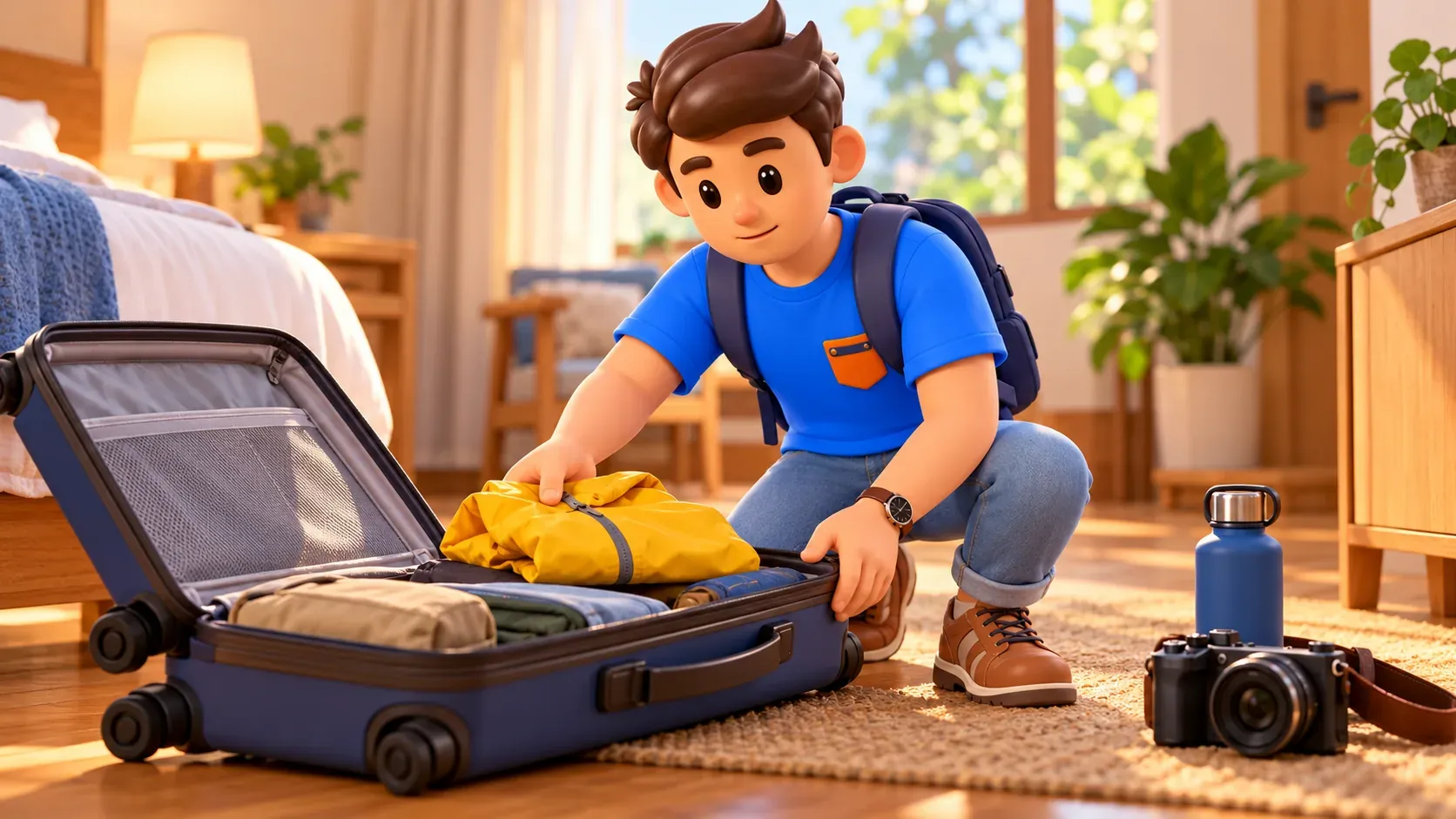 Traveller separating day-trip essentials from luggage